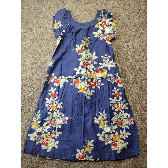 Vtg Sun Fashions Of Hawaii Honolulu Sz 10 Blue Floral & Fruits Muumuu Maxi Dress - Picture 6 of 10